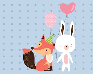Bunny holding balloons and a fox with a party hat